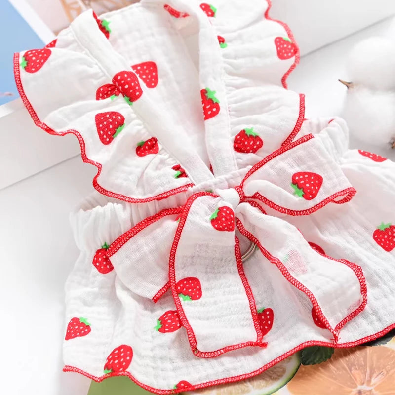 Summer Strawberry Print Bowknot Pet Dress For Cats And Dogs