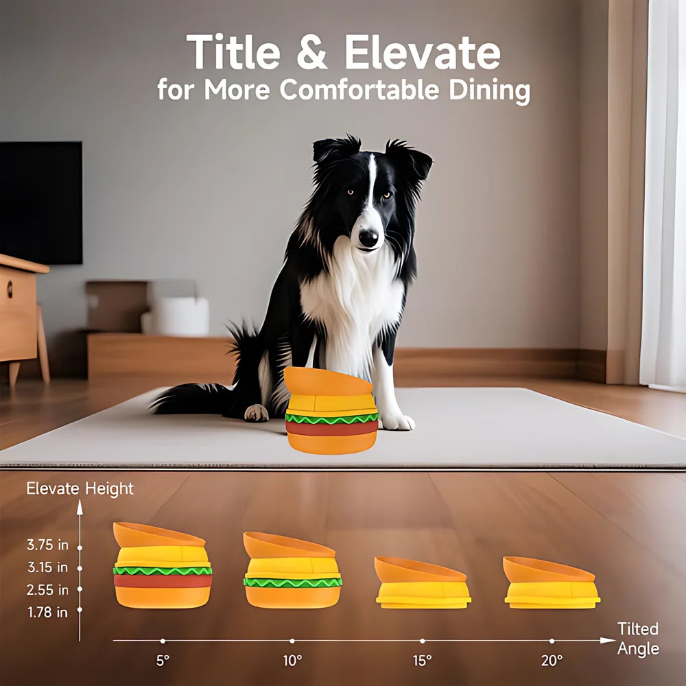 5 In 1 Burger Pet Bowls Set Tilted Elevated Slow Feeder Lick Mat Non Slip