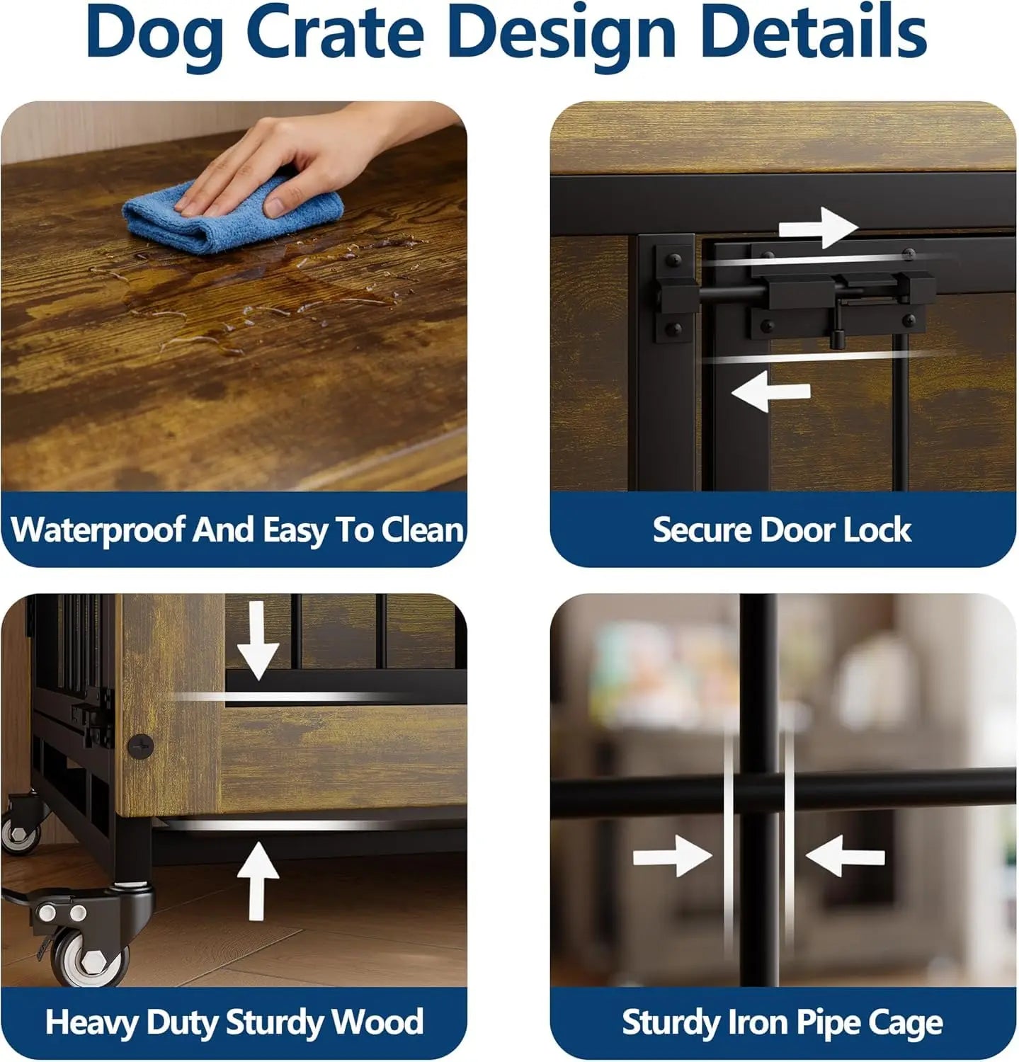 HiMISS Wooden Dog Crate Furniture With 3 Doors And Wheels