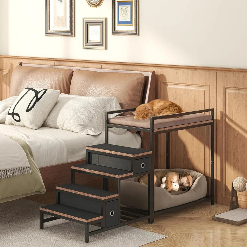 Dual Level Pet Bunk Bed With Detachable Stairs And Storage