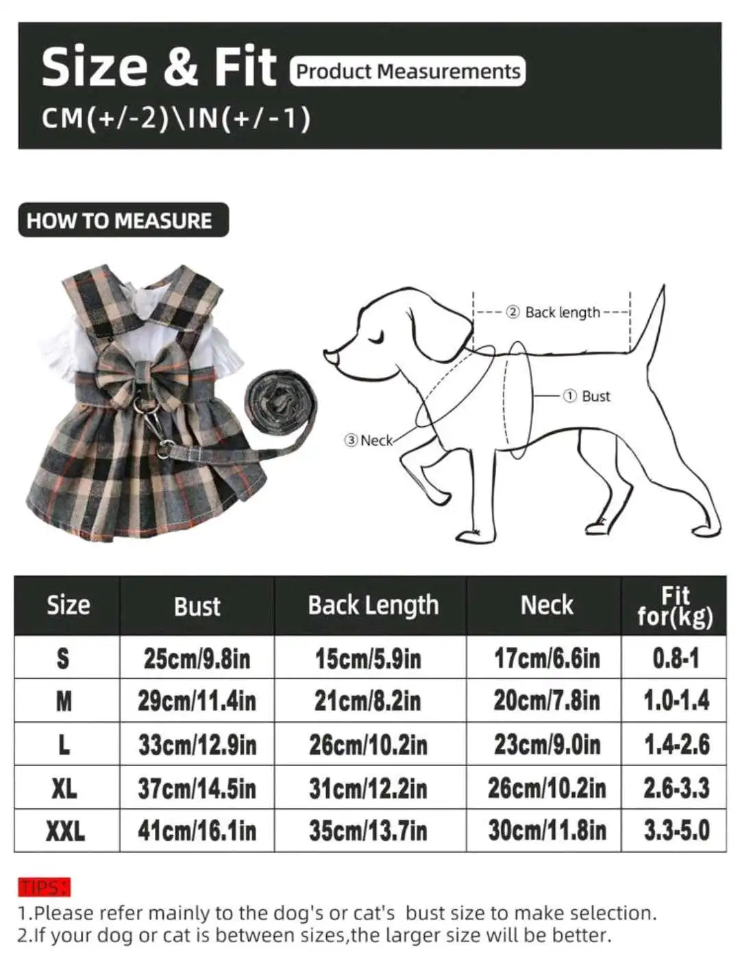NONECN Plaid Dog Dress With Bowknot Adjustable Leash