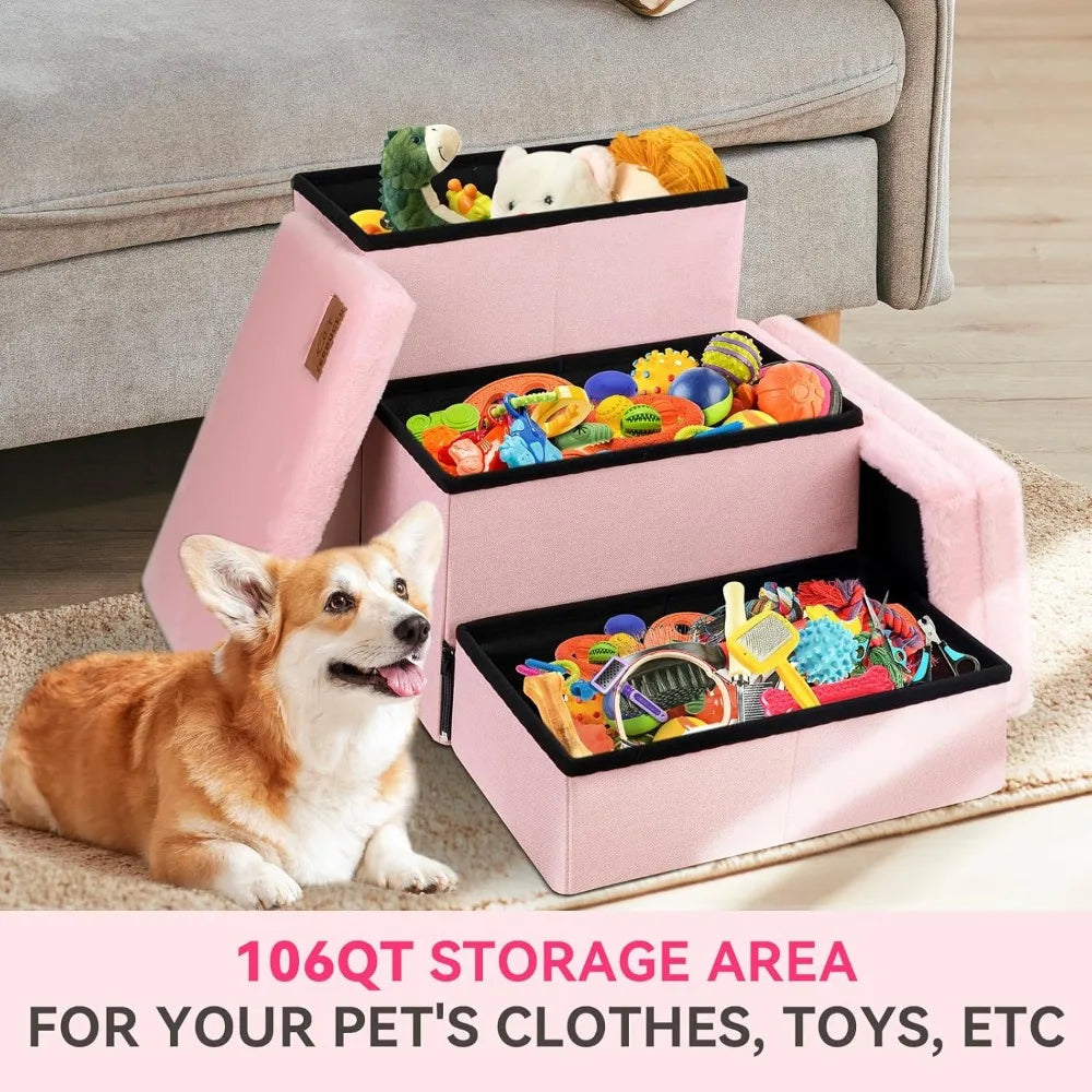 Dog Stairs With Storage And Furry Lid 3 Step Foldable