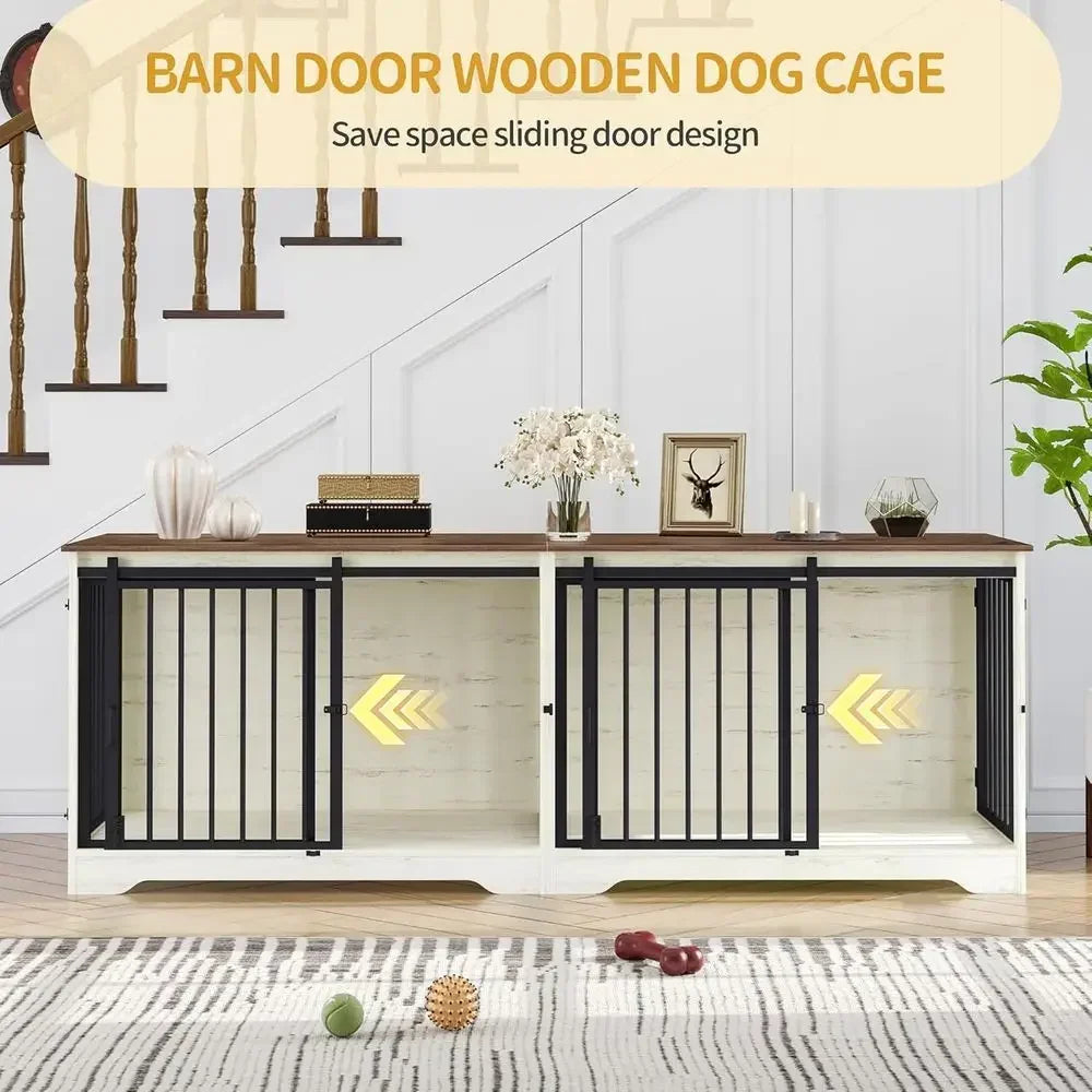 Double Dog Cage With Divider Barn Door Style Heavy Duty Wooden Kennel