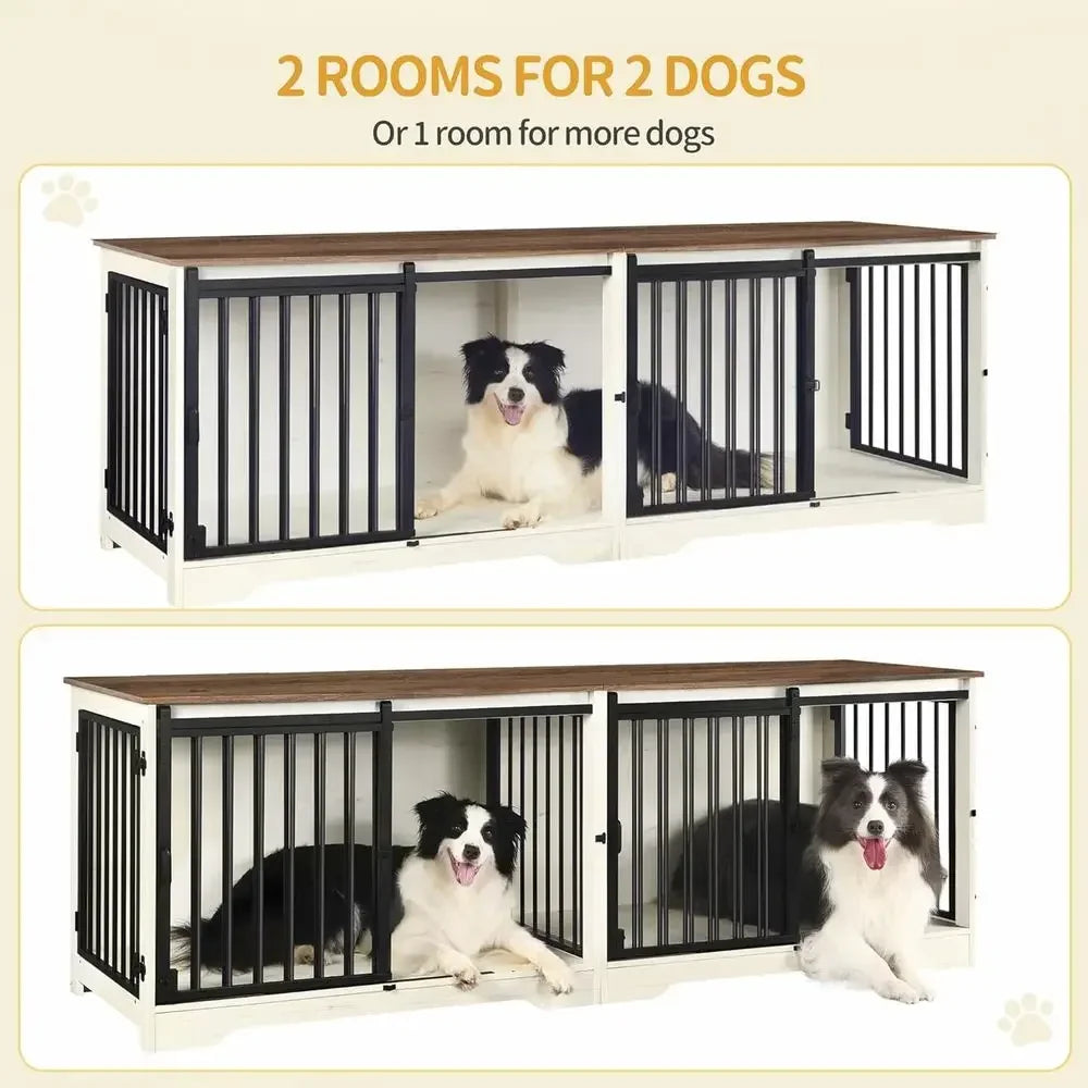 Double Dog Cage With Divider Barn Door Style Heavy Duty Wooden Kennel