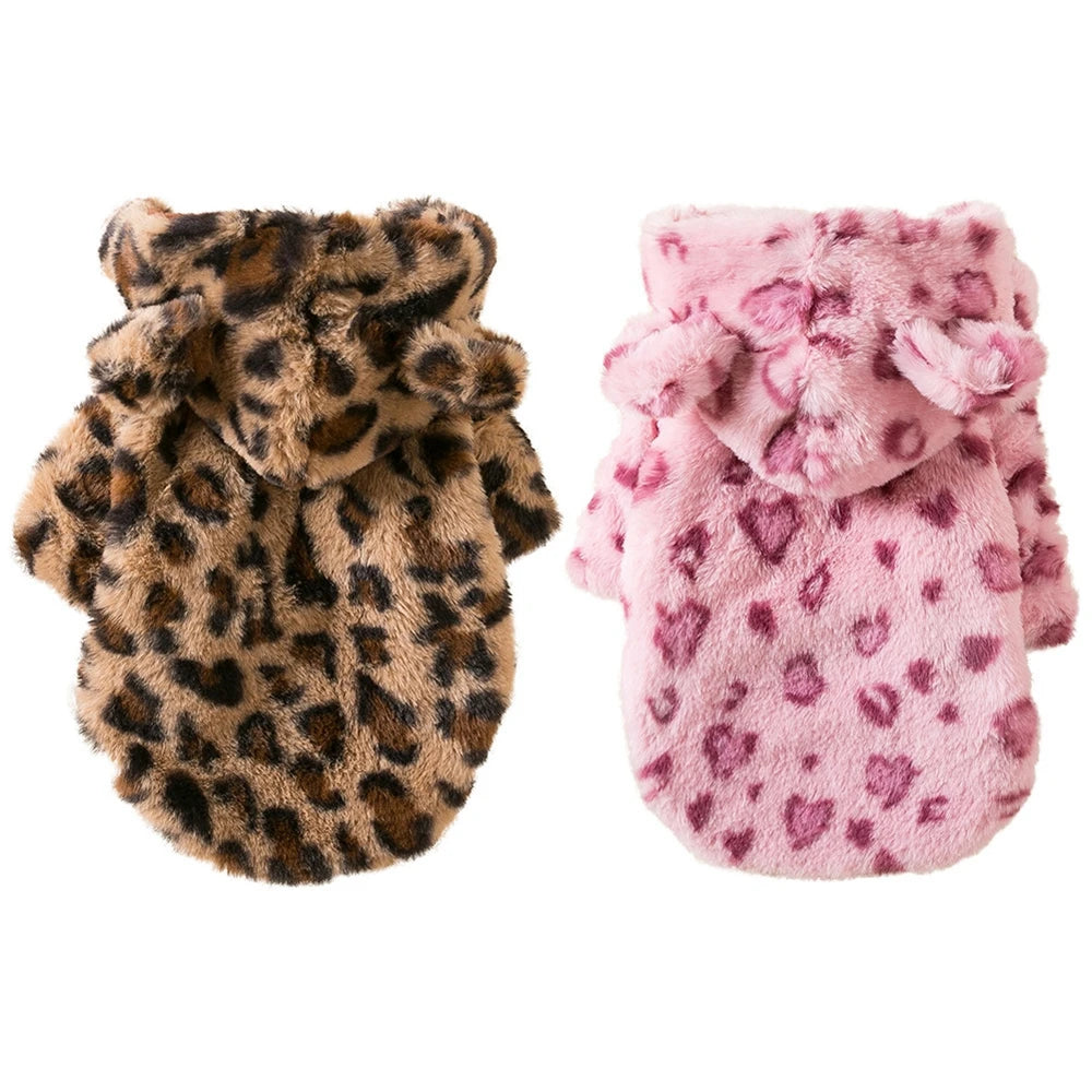 Winter Fleece Dog Hoodie Leopard Print Coat For Small Dogs