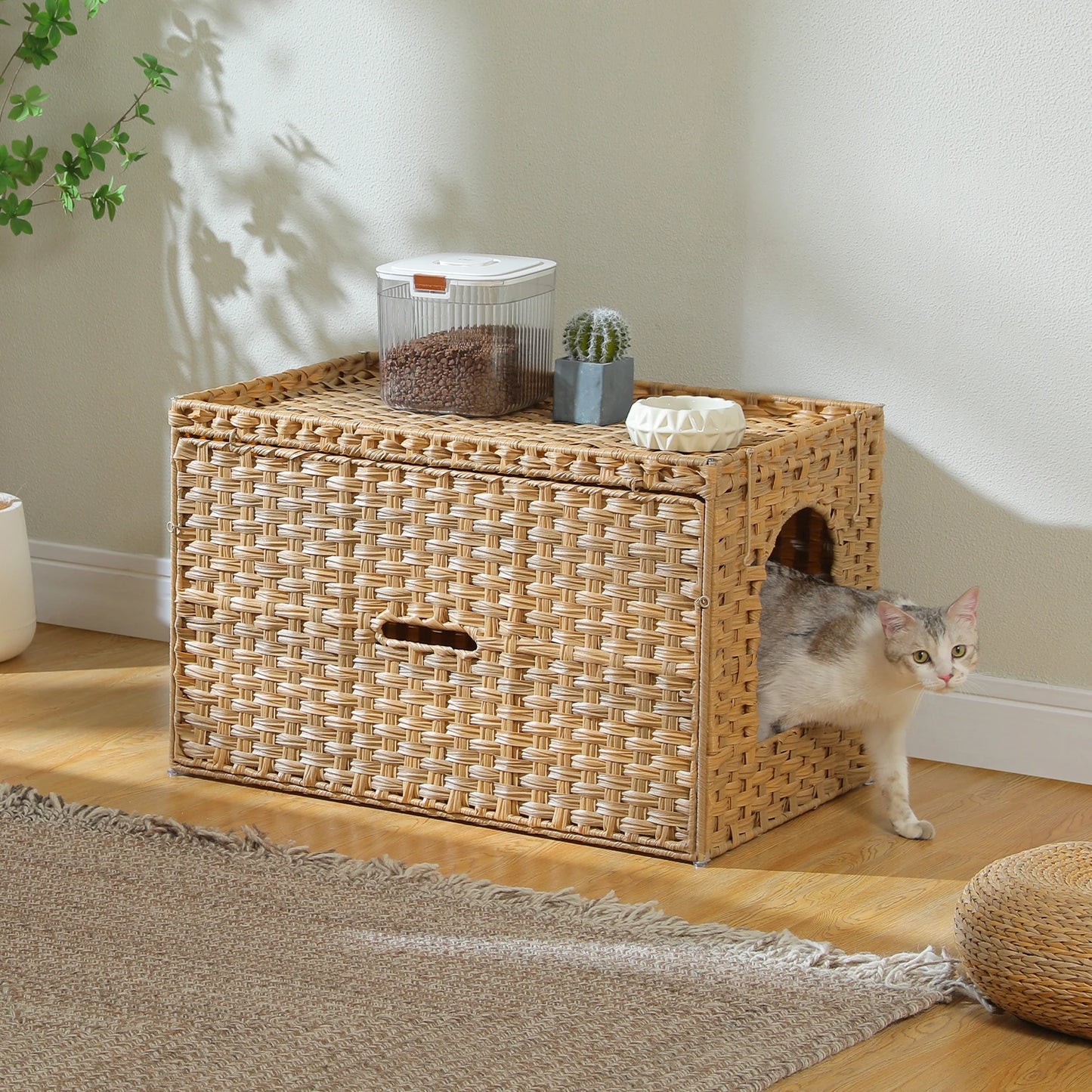 PEQULTICN Rattan Cat Litter Box Enclosure Taller Doorway FlipUp