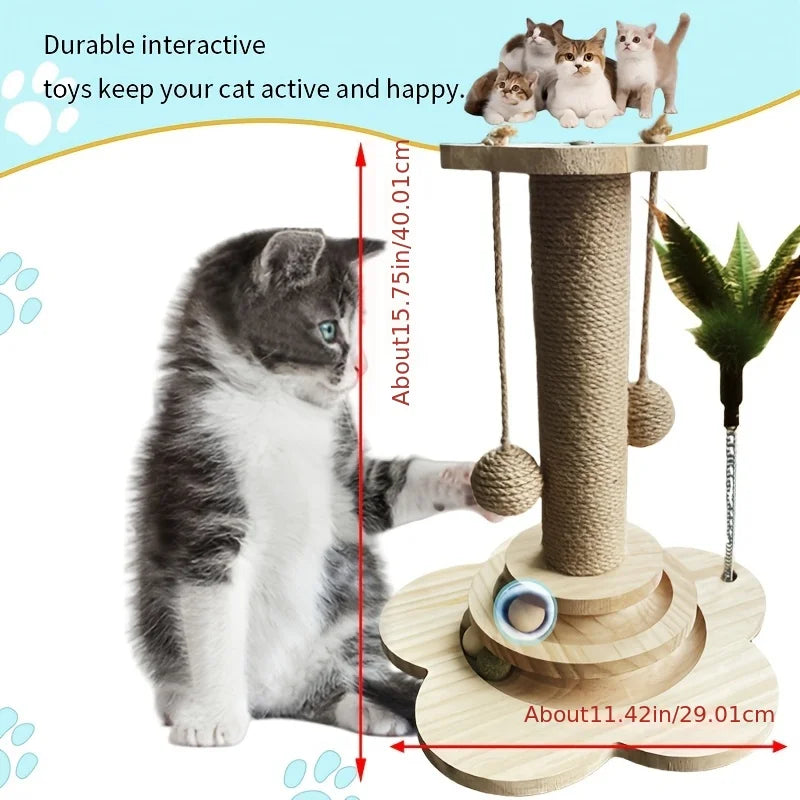 Indoor Sisal Cat Scratching Post With Ball Track Toy And Teasing Wand