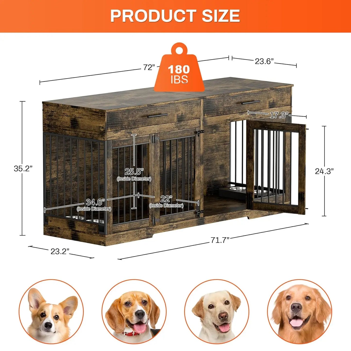 Double Dog Crate Furniture With Drawers And Bowls Indoor TV Stand