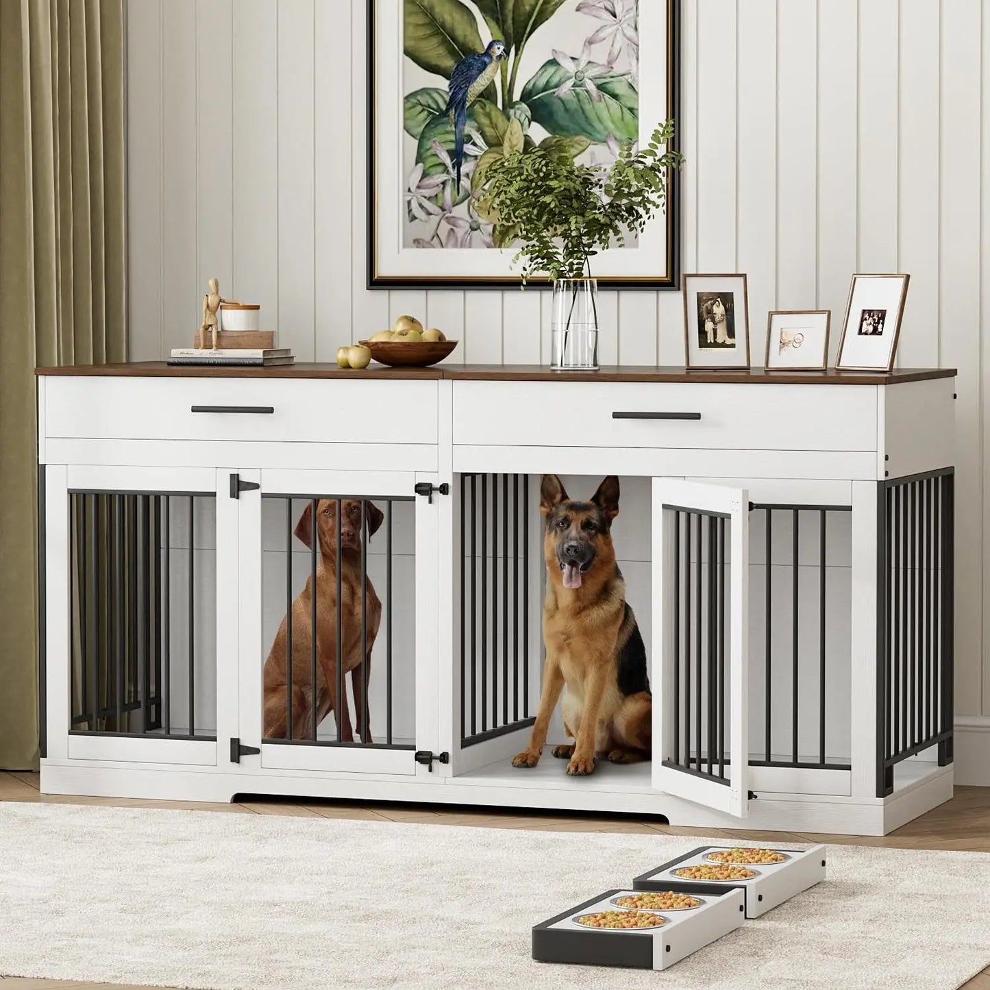 Double Dog Crate Furniture With Drawers And Bowls Indoor TV Stand