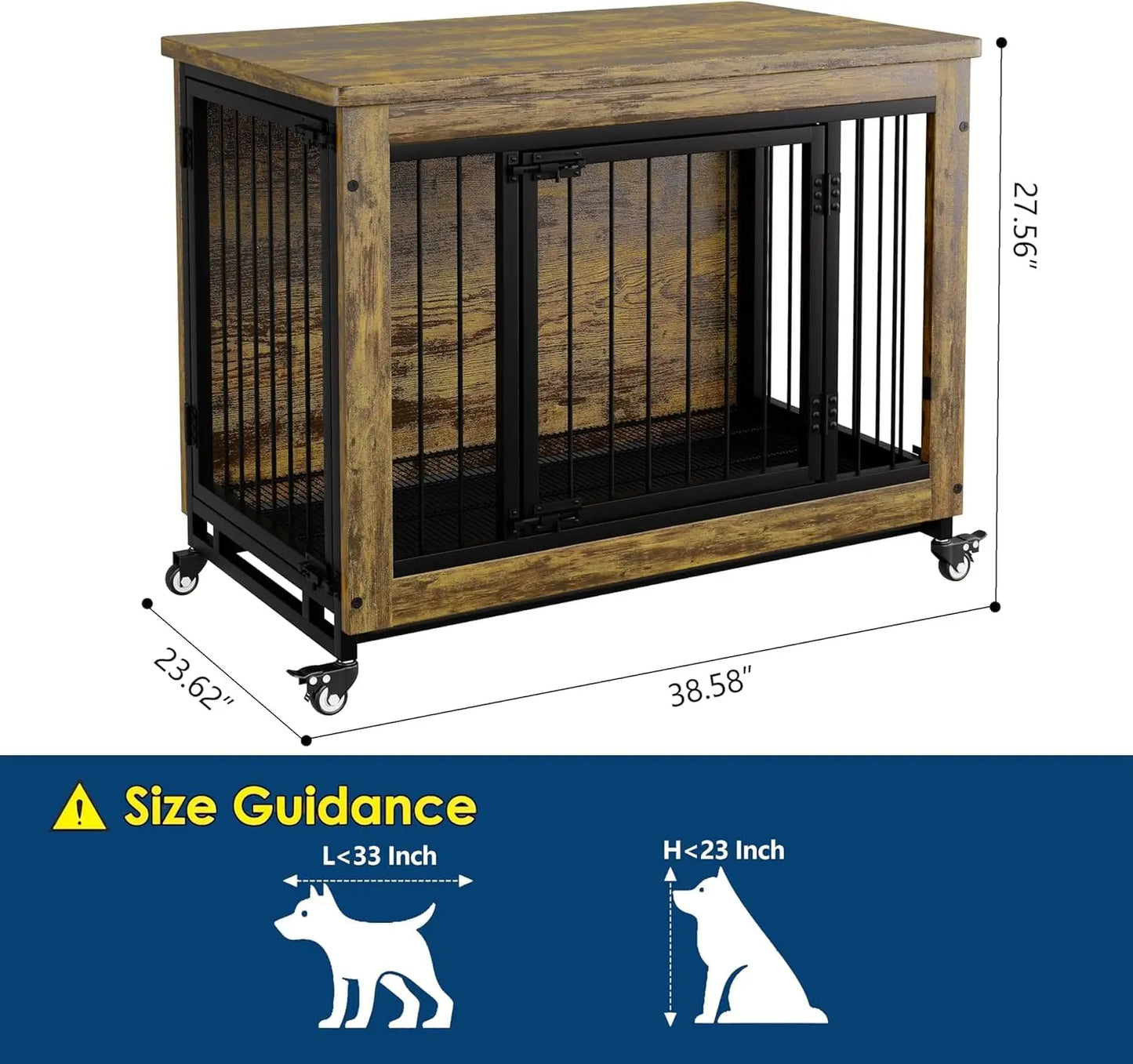 HiMISS Wooden Dog Crate Furniture With 3 Doors And Wheels