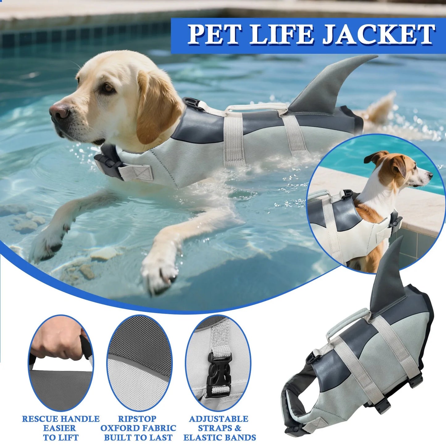 Shark Dog Life Jacket With Adjustable Handle For Small Dogs