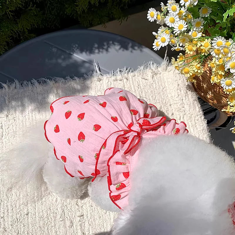 Summer Strawberry Print Bowknot Pet Dress For Cats And Dogs