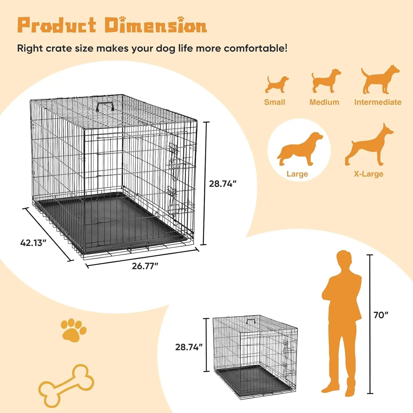 Double Door Dog Cage With Leak-Proof Tray For Indoor Outdoor