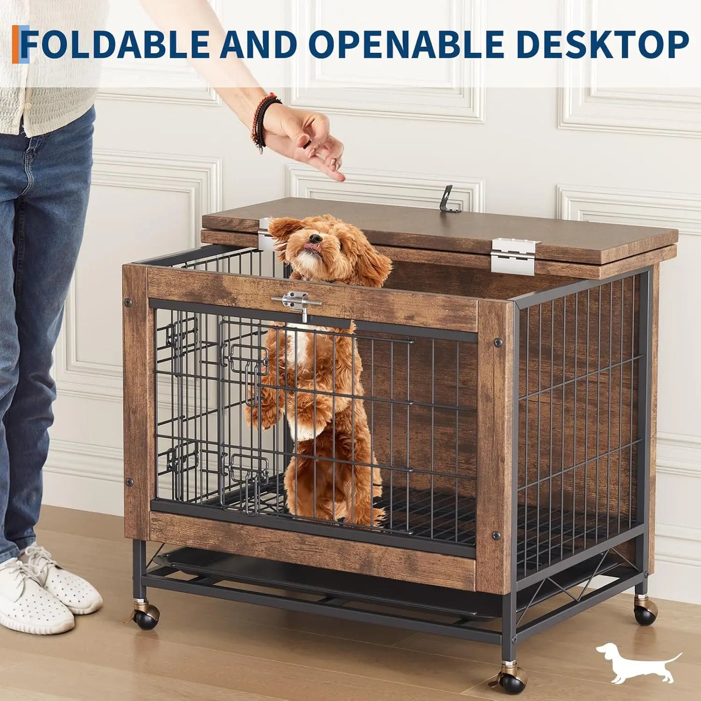TWISTER.CK Dog Crate Furniture Double Door With Wheels Removable Tray