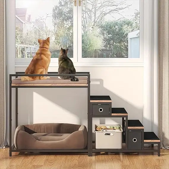 Dual Level Pet Bunk Bed With Detachable Stairs And Storage