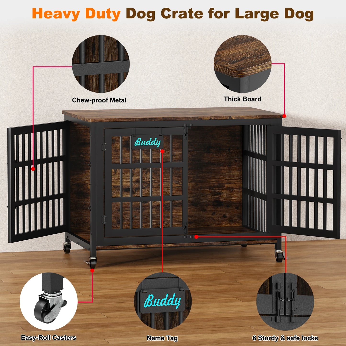Heavy Duty Dog Crate Furniture With Casters Bedside Stand