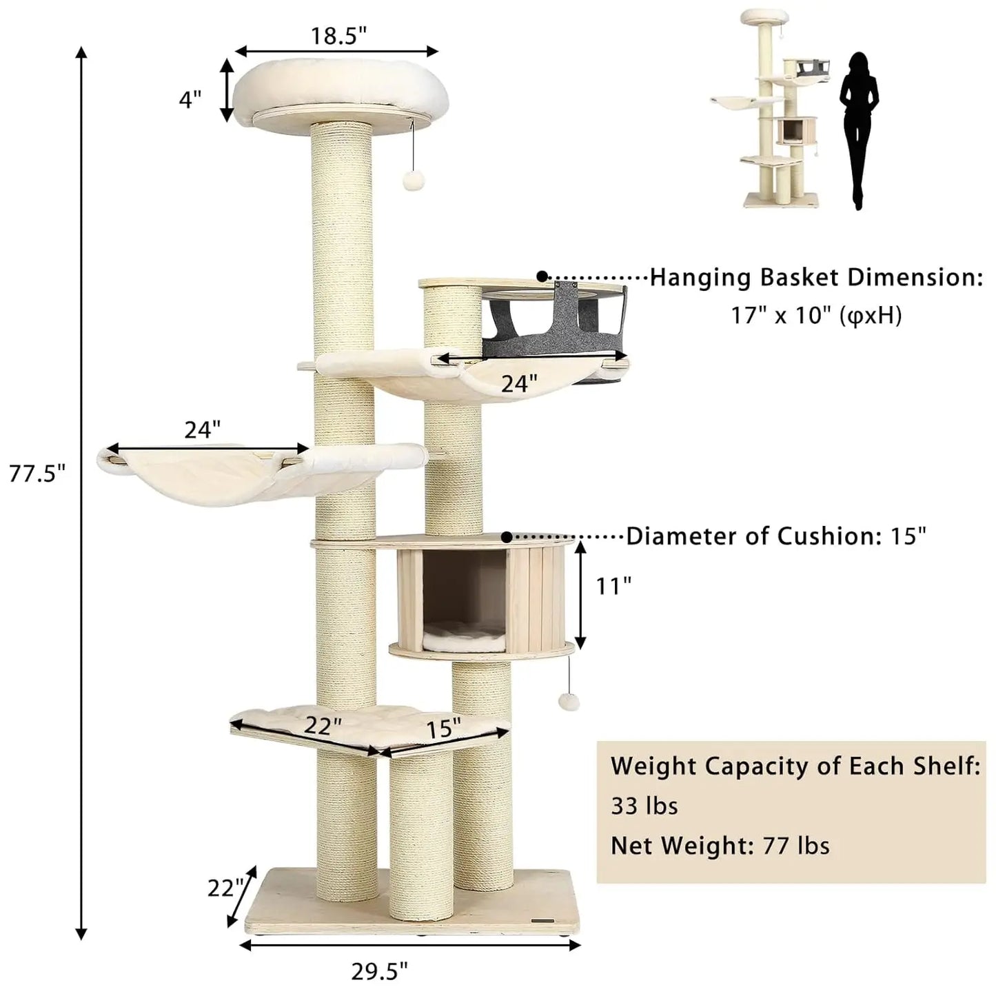 Large Cat Tree With Multi-Level Design Sisal Posts Hammocks Condo