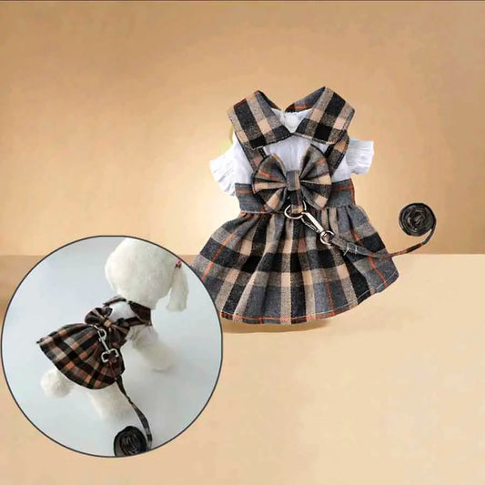 NONECN Plaid Dog Dress With Bowknot Adjustable Leash