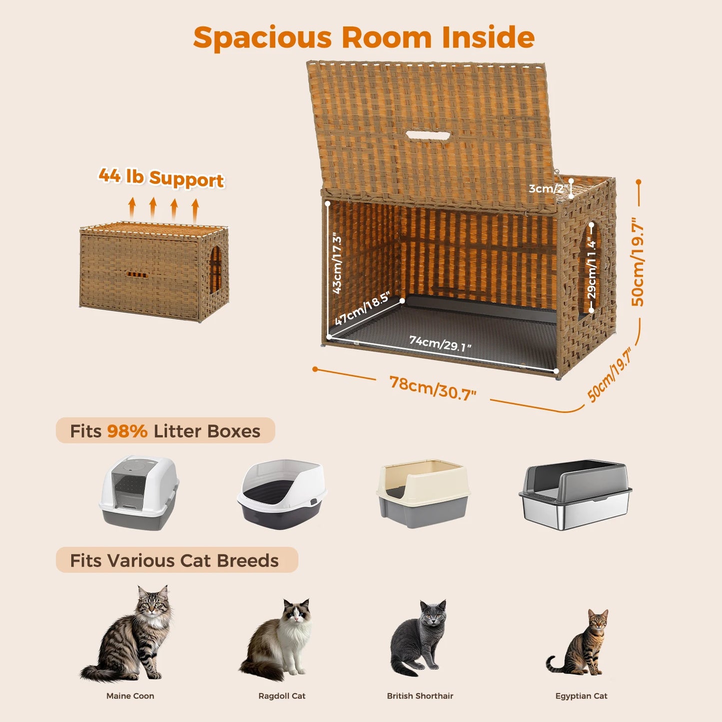 PEQULTICN Rattan Cat Litter Box Enclosure Taller Doorway FlipUp