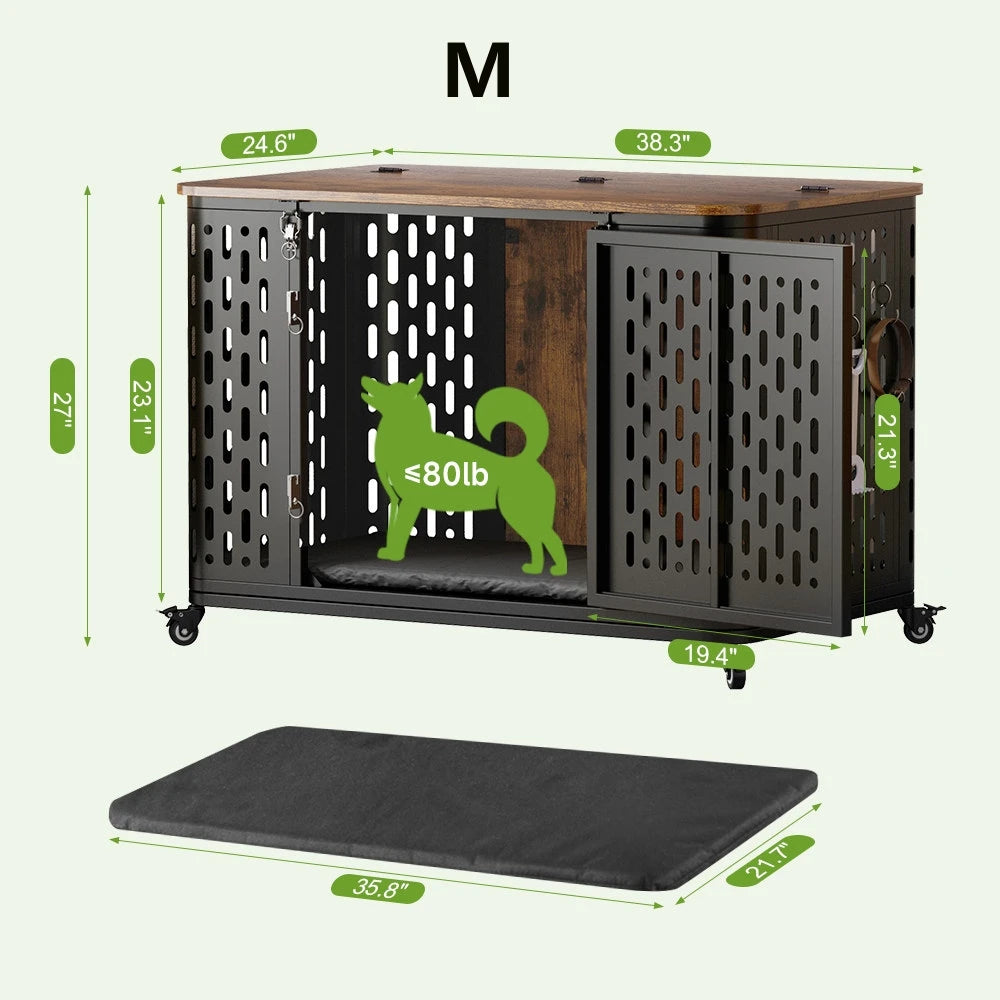 ONBRILL Dog Crate Pet Furniture Kennel With Cushion And Wheels
