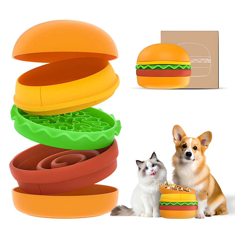 5 In 1 Burger Pet Bowls Set Tilted Elevated Slow Feeder Lick Mat Non Slip