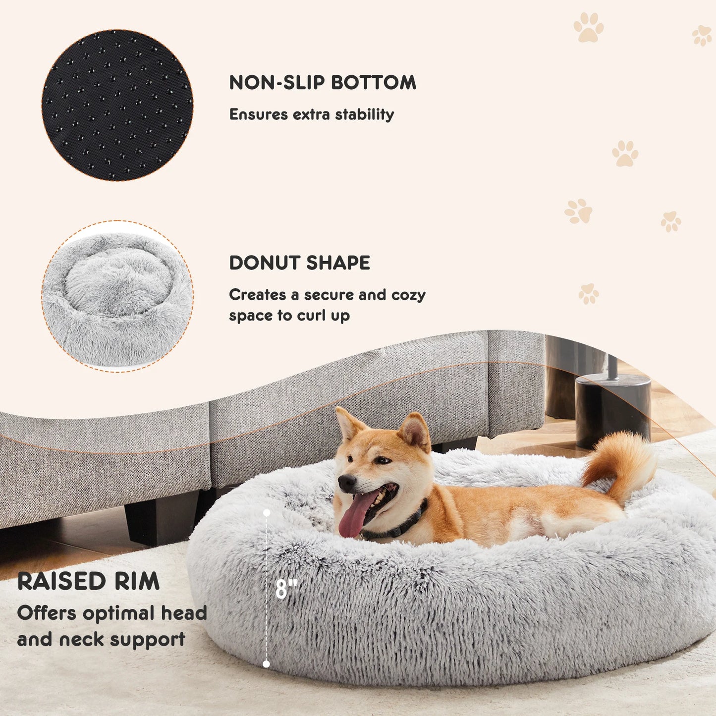 JHK Round Plush Faux Fur Calming Dog Bed, Washable