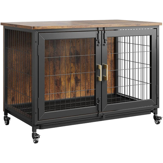 HiMISS Heavy Duty Wooden Dog Crate Furniture Indoor Kennel with Wheels
