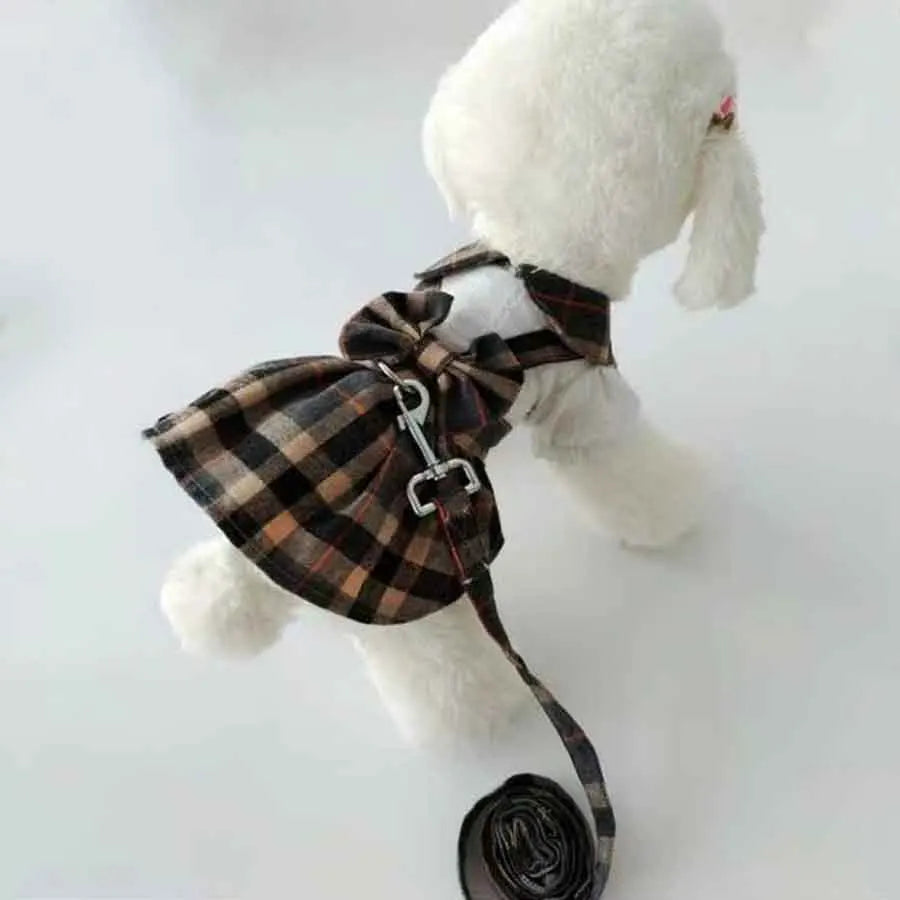 NONECN Plaid Dog Dress With Bowknot Adjustable Leash