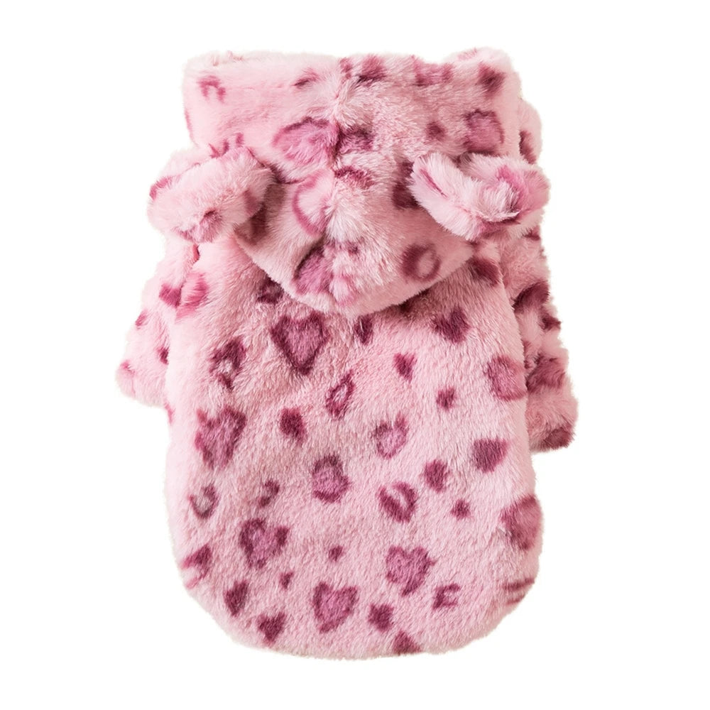 Winter Fleece Dog Hoodie Leopard Print Coat For Small Dogs