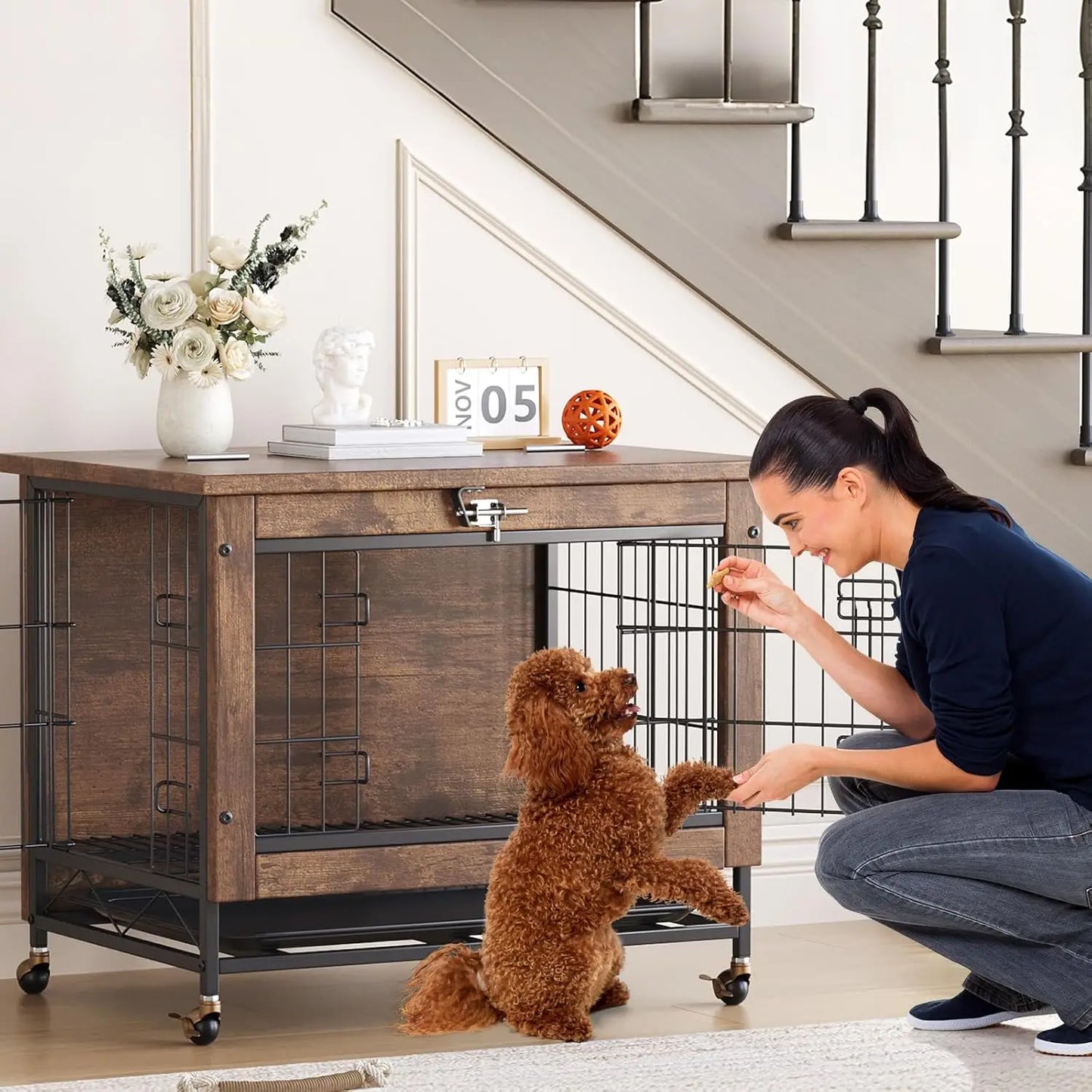 TWISTER.CK Dog Crate Furniture Double Door With Wheels Removable Tray