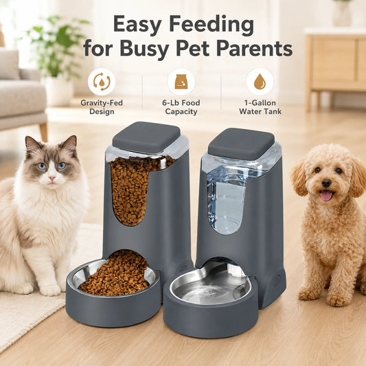 Automatic Pet Feeder and Water Dispenser With Stainless Steel Bowls