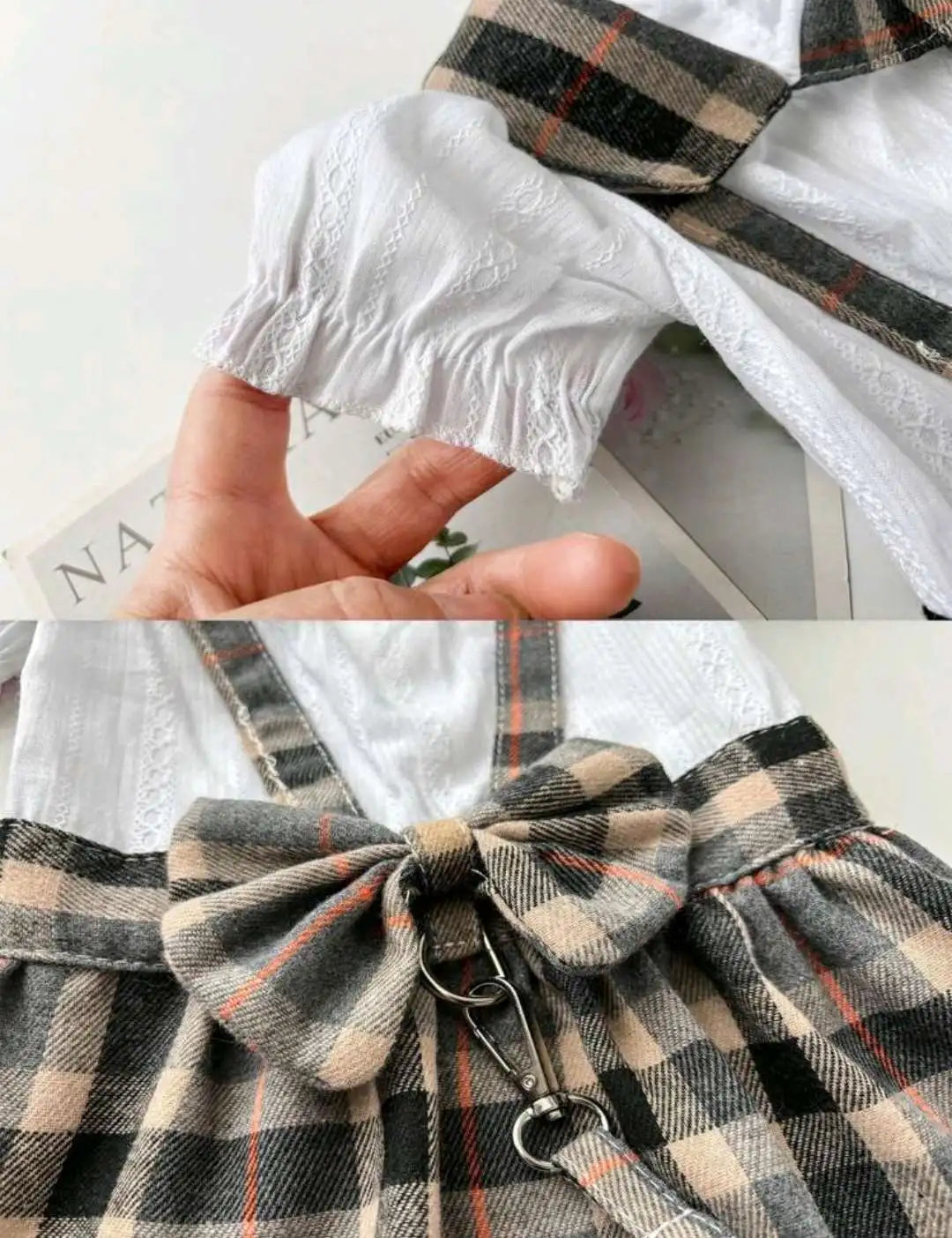 NONECN Plaid Dog Dress With Bowknot Adjustable Leash