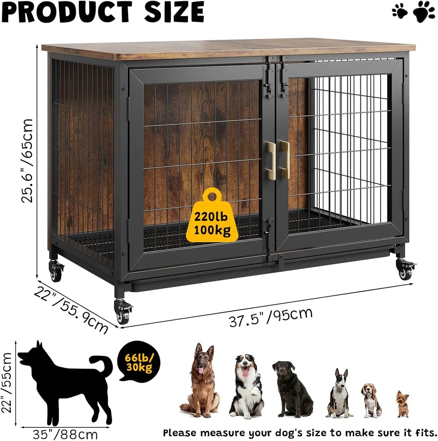 HiMISS Heavy Duty Wooden Dog Crate Furniture Indoor Kennel with Wheels