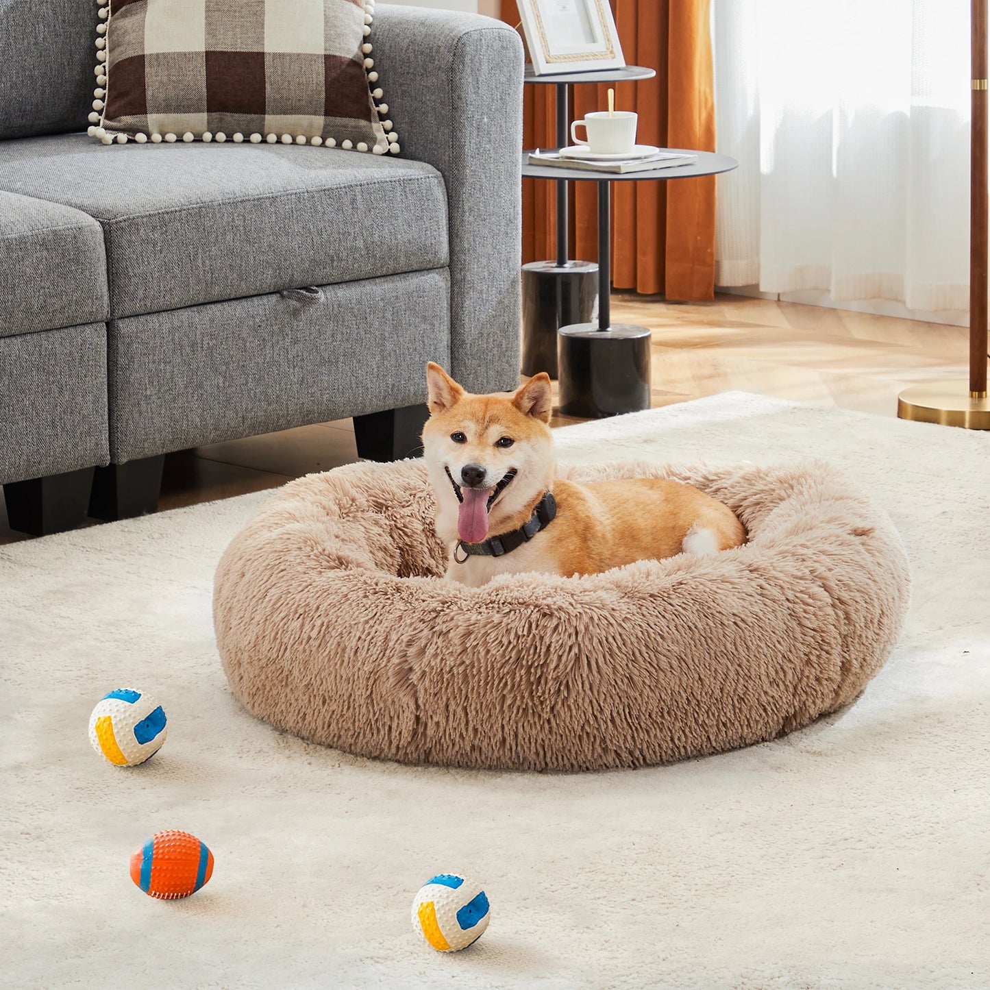 JHK Round Plush Faux Fur Calming Dog Bed, Washable