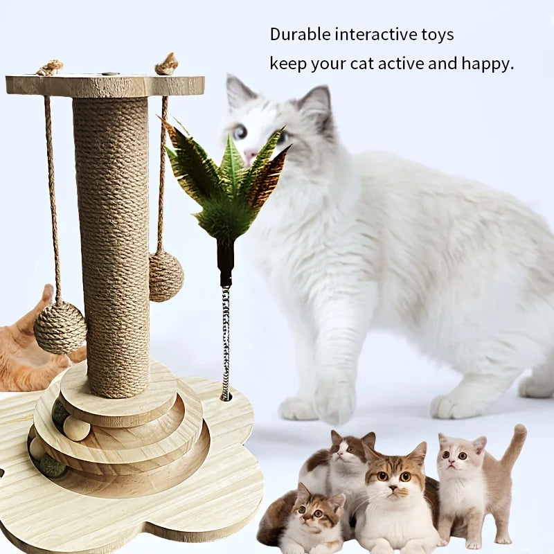 Indoor Sisal Cat Scratching Post With Ball Track Toy And Teasing Wand