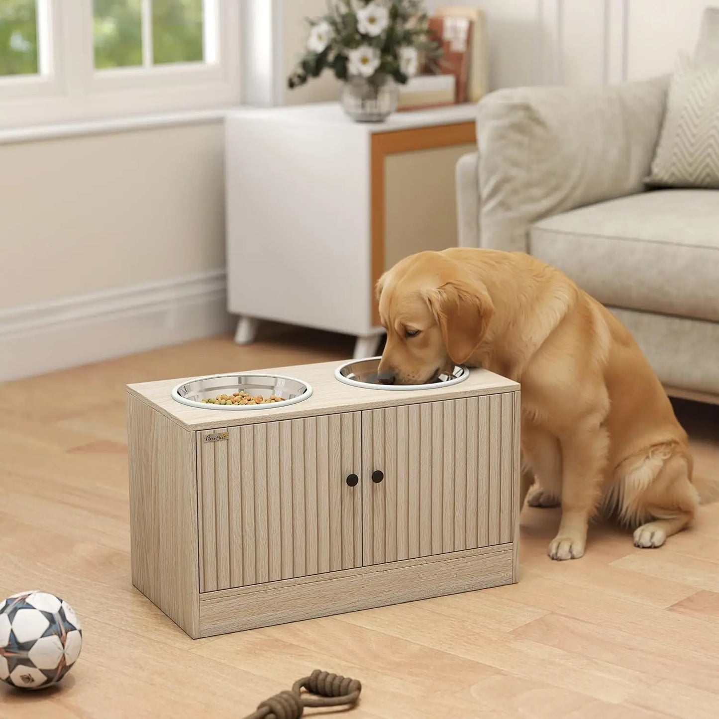 Elevated Dog Bowls With Storage Cabinet And Non Slip Stand