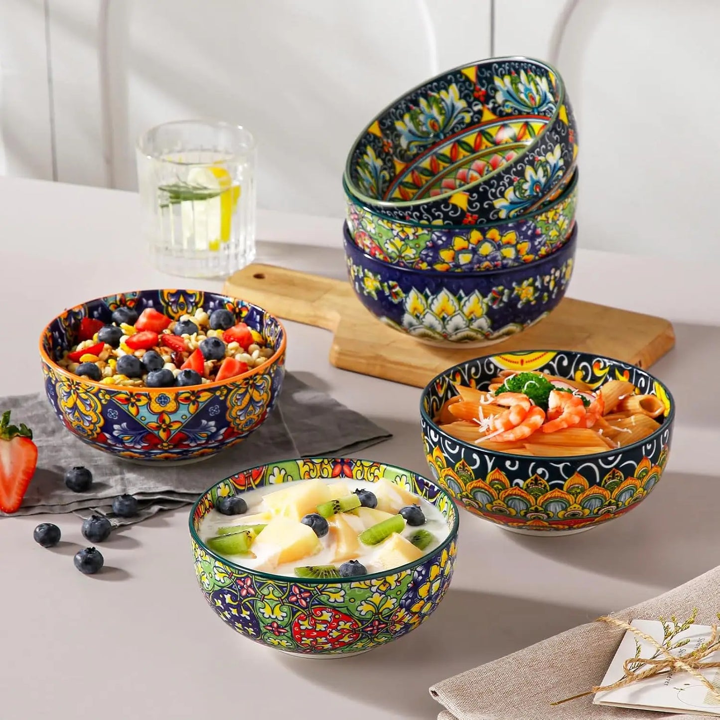 Bohemian Ceramic Soup Bowls Set of Six Dishwasher Microwave Safe