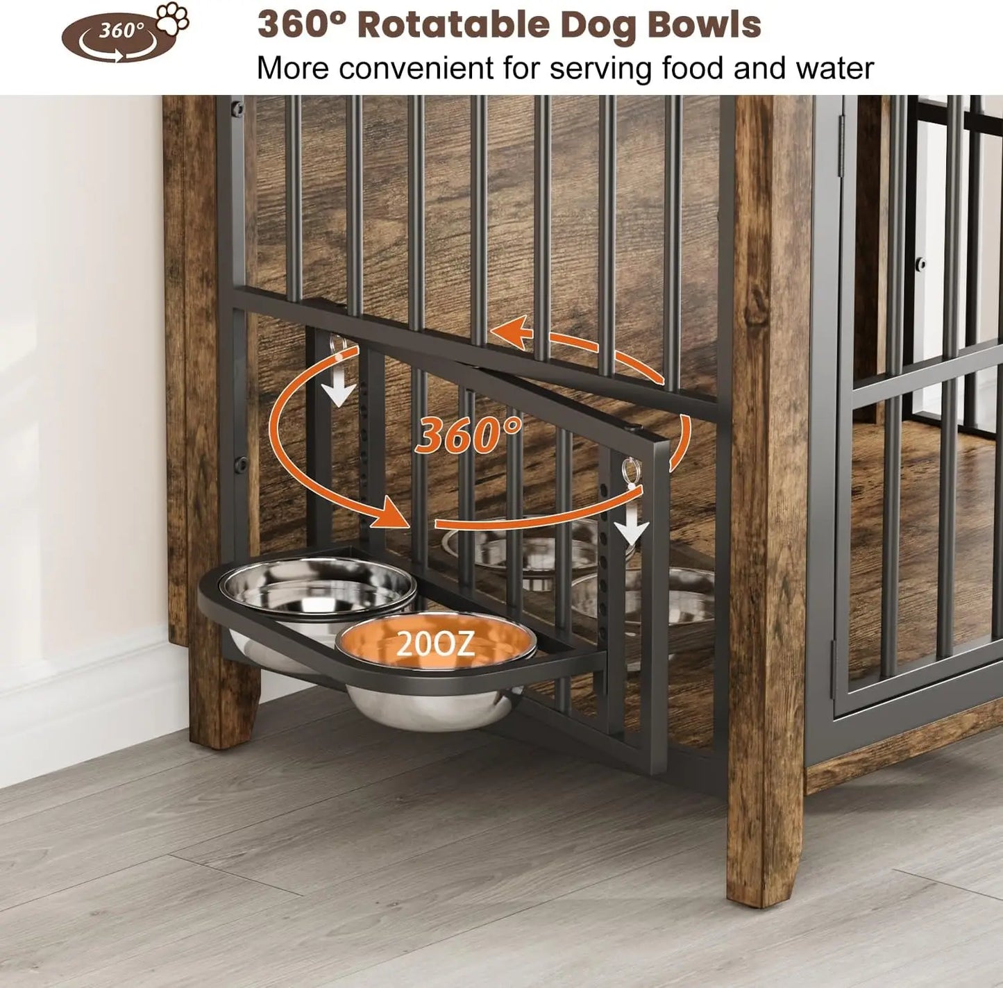 Wooden Dog Crate Kennel With Adjustable Rotating Feeder And Lockable