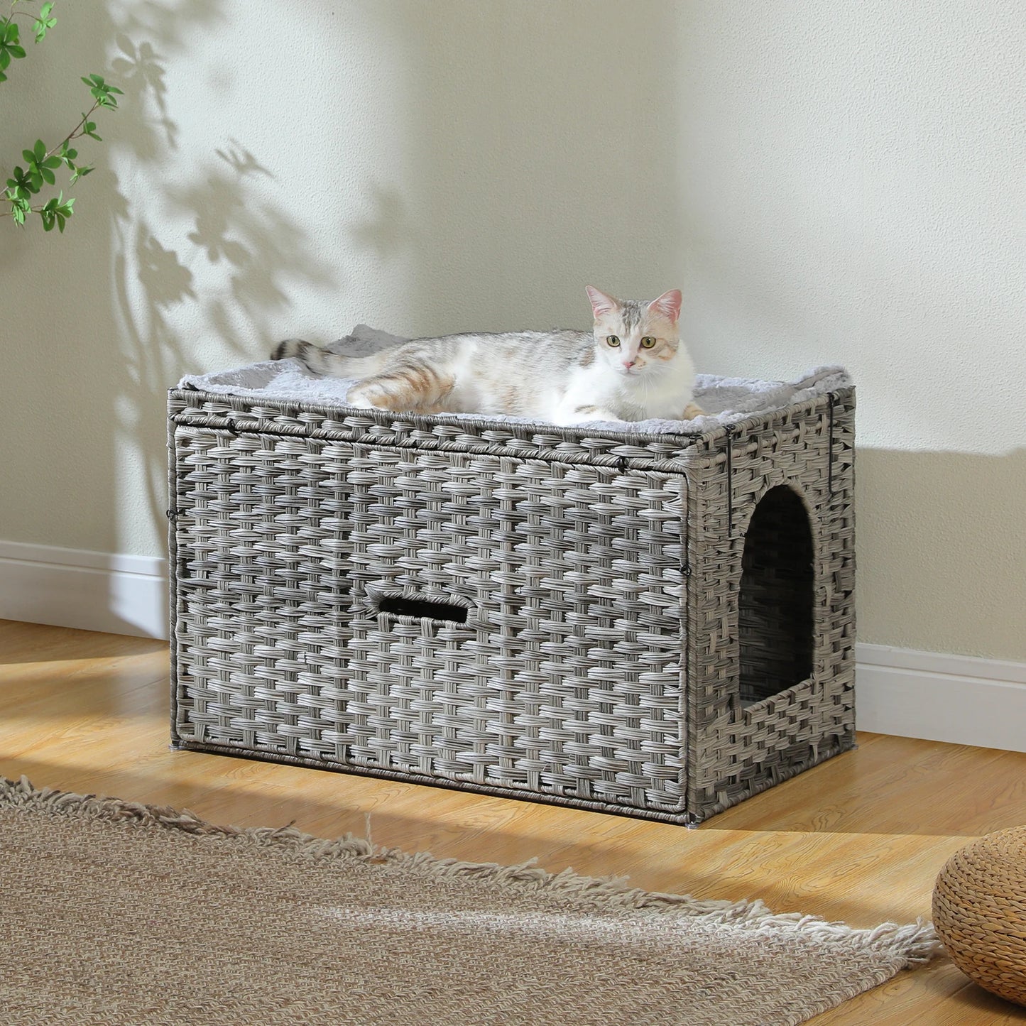 PEQULTICN Rattan Cat Litter Box Enclosure Taller Doorway FlipUp