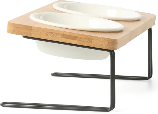 Tilted Raised Cat Ceramic Bowls With Premium Bamboo Stand