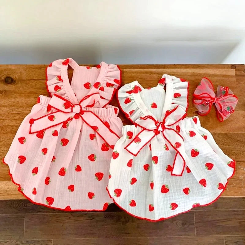 Summer Strawberry Print Bowknot Pet Dress For Cats And Dogs