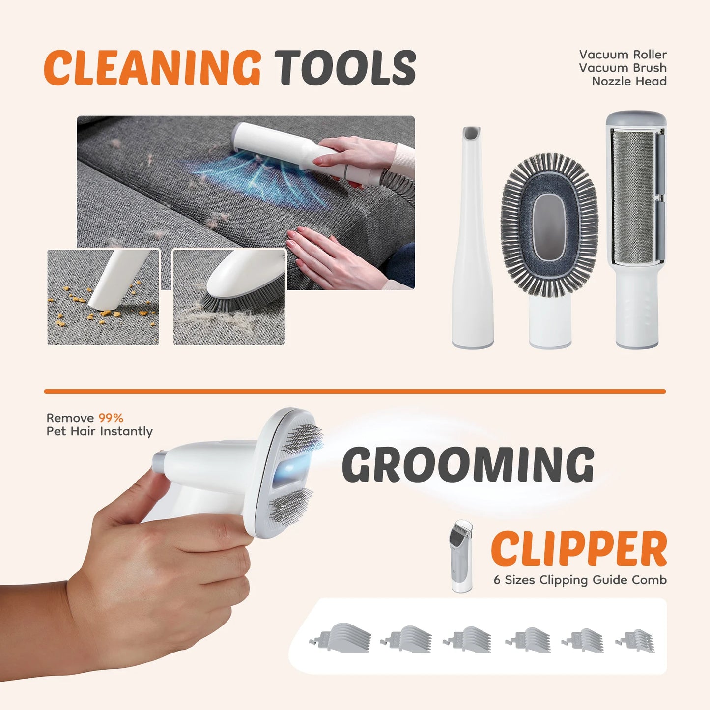 Pet Grooming Vacuum Kit With Cordless Clippers 3 Suction Modes 5 Tools