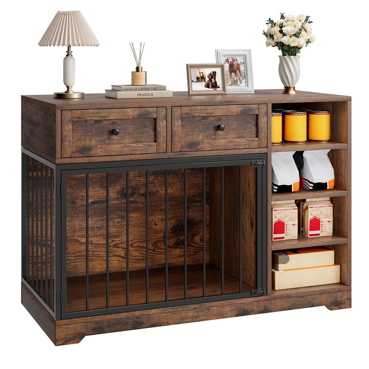 HiMISS Dog Crate Furniture TV Stand With 2 Drawers And 4 Shelves