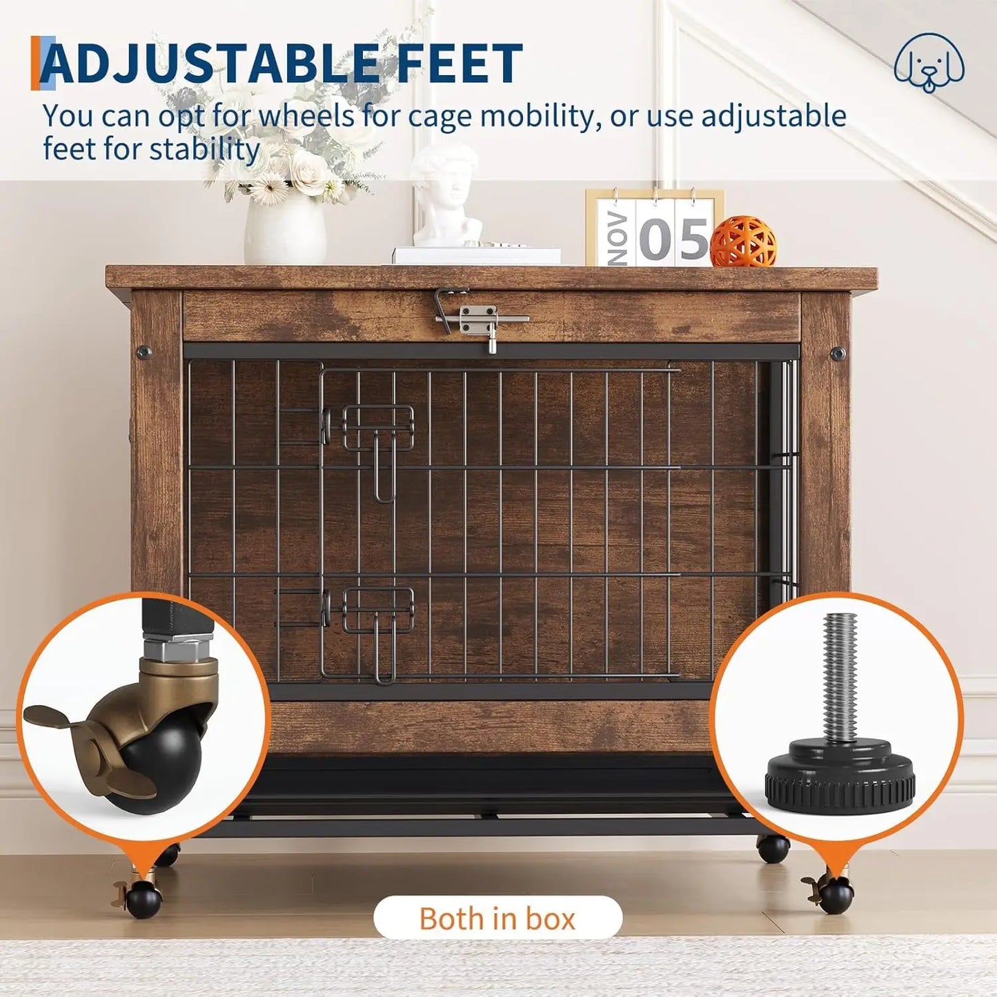 TWISTER.CK Dog Crate Furniture Double Door With Wheels Removable Tray