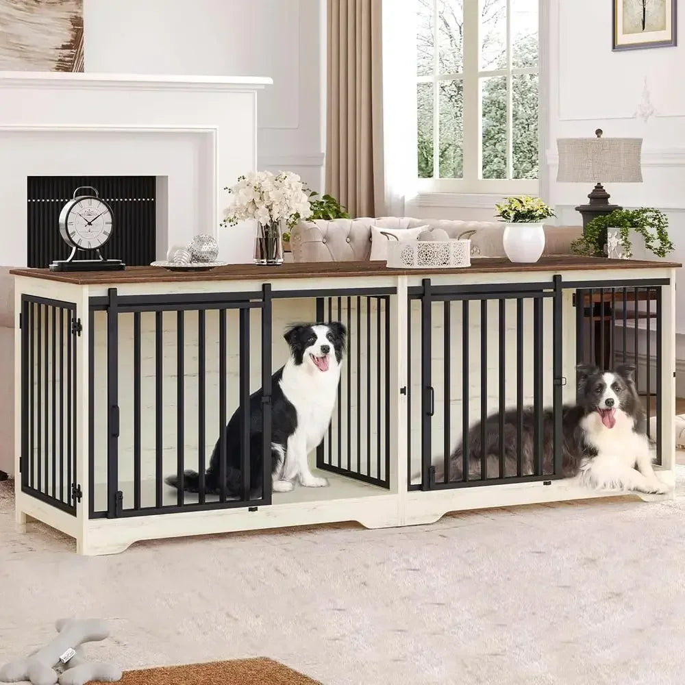 Double Dog Cage With Divider Barn Door Style Heavy Duty Wooden Kennel