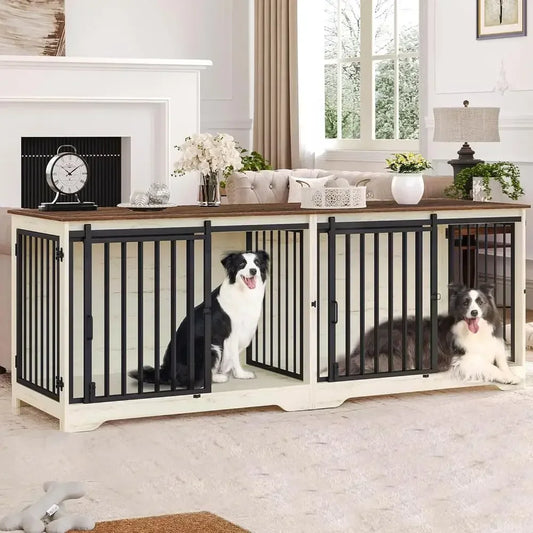 Double Dog Cage With Divider Barn Door Style Heavy Duty Wooden Kennel