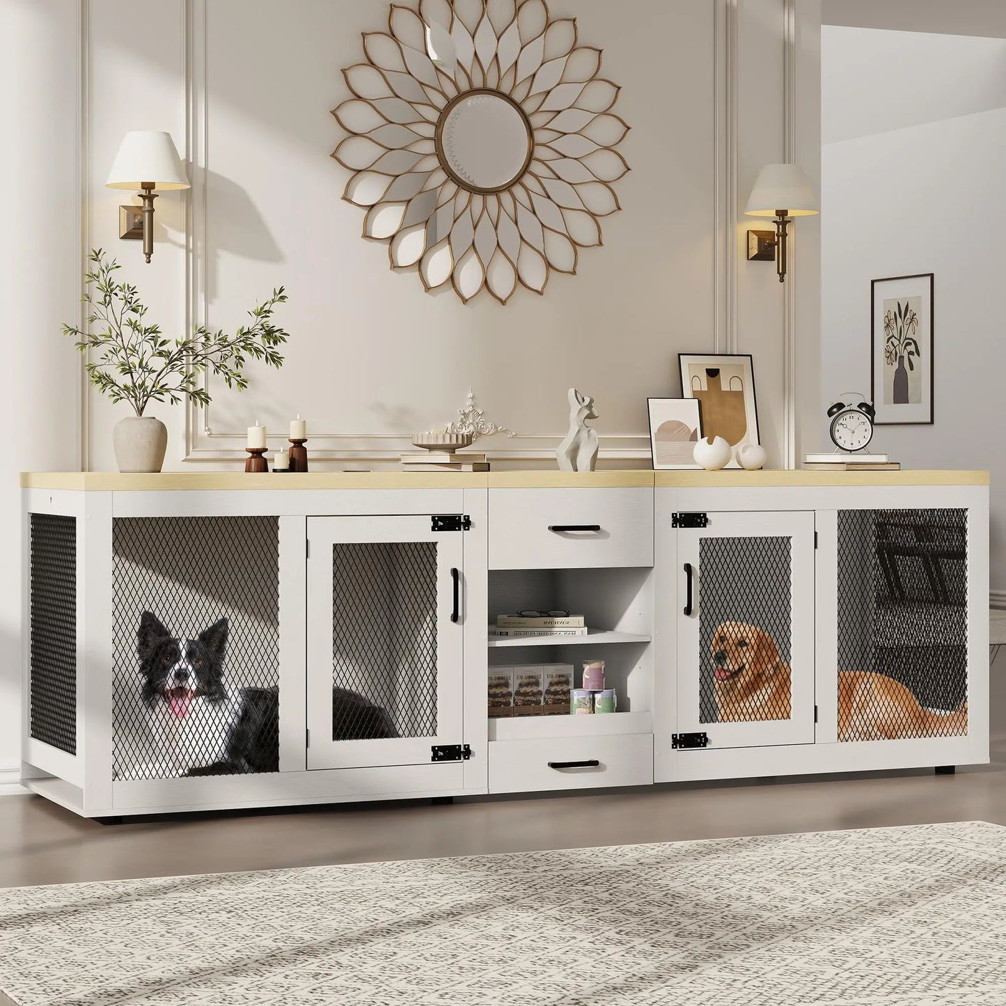HiMISS 91 Inch Double Dog Crate TV Stand With Storage