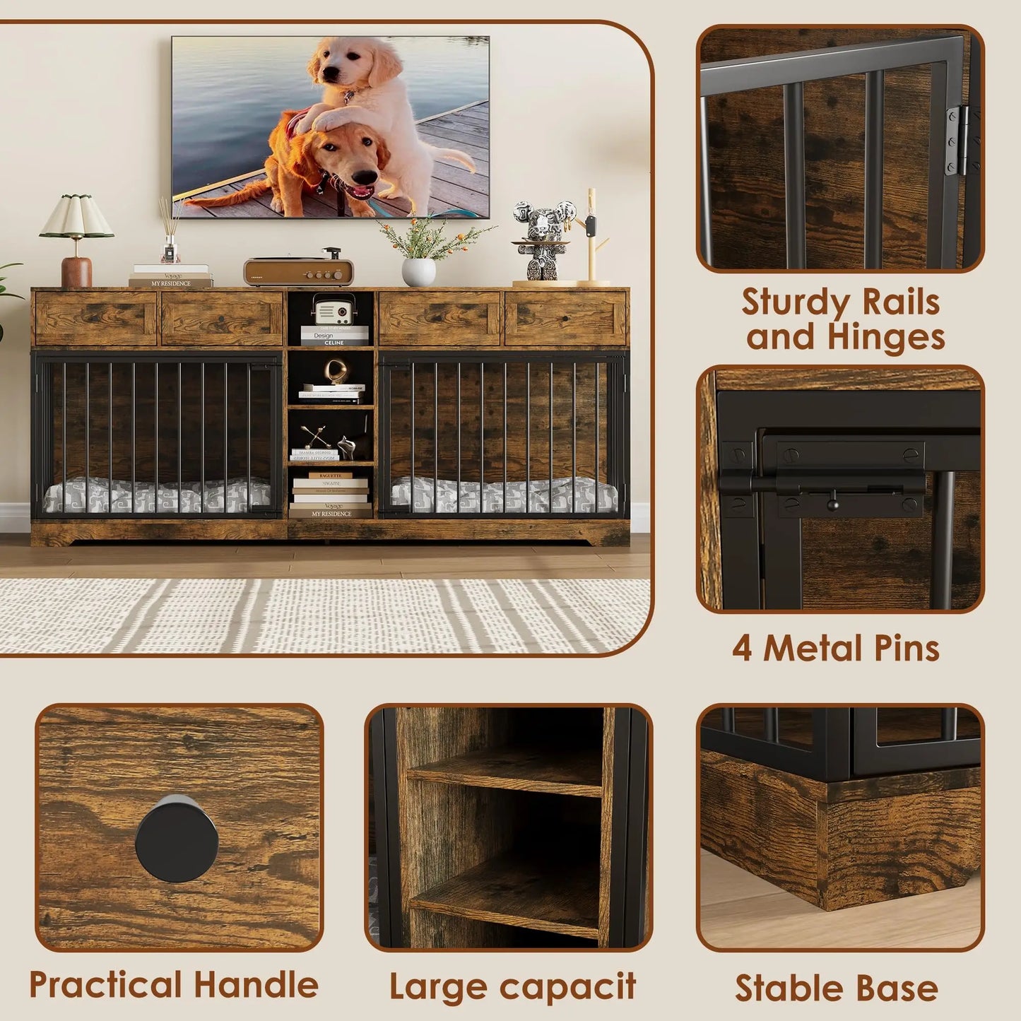 HiMISS Double Dog Crate Furniture TV Stand With Drawers