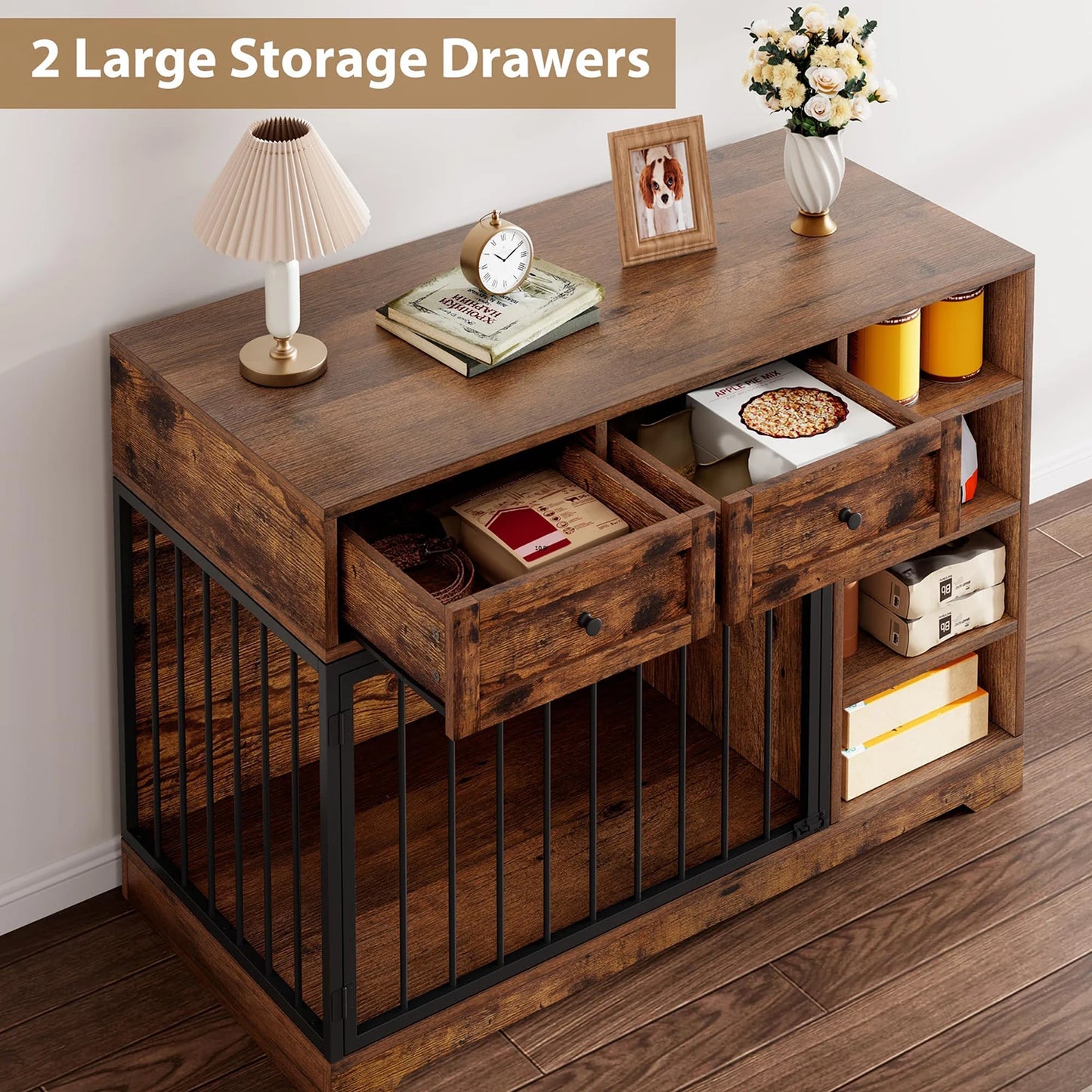 HiMISS Dog Crate Furniture TV Stand With 2 Drawers And 4 Shelves