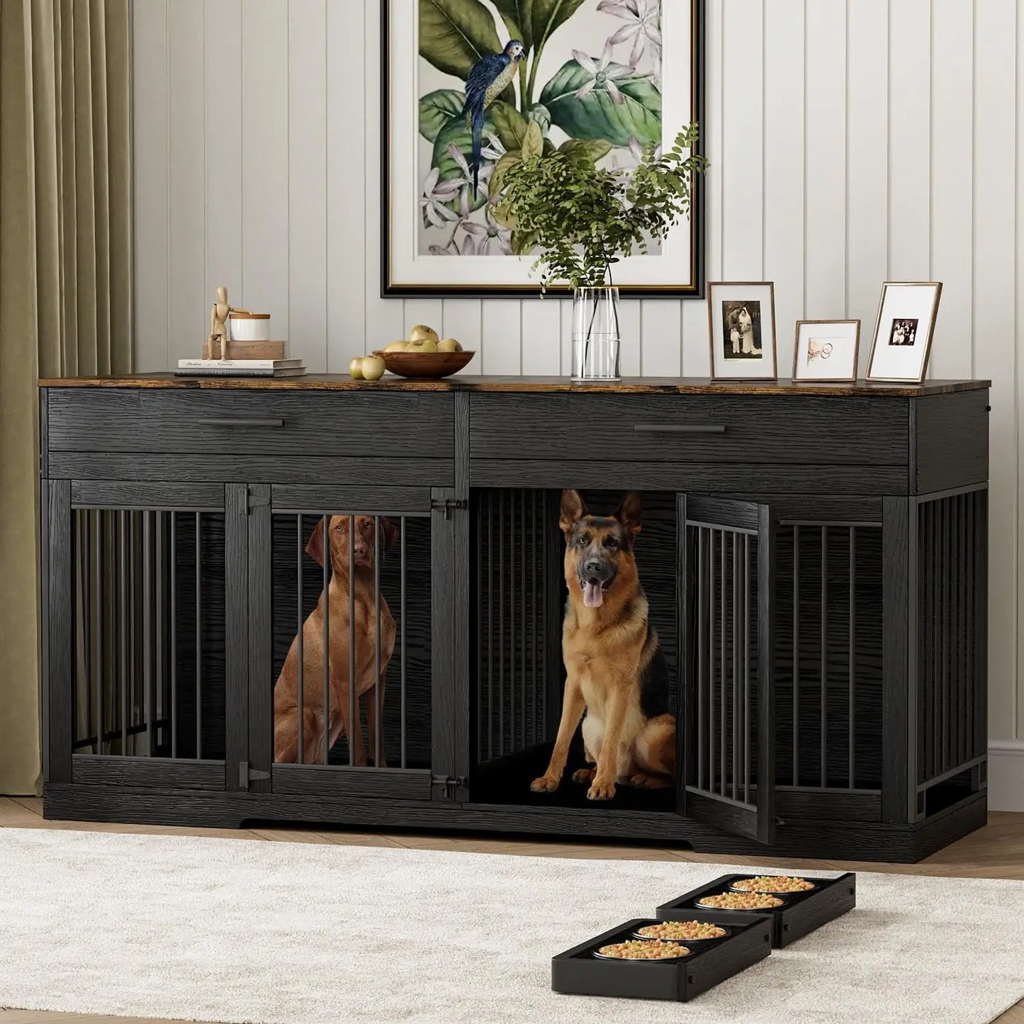 Double Dog Crate Furniture With Drawers And Bowls Indoor TV Stand